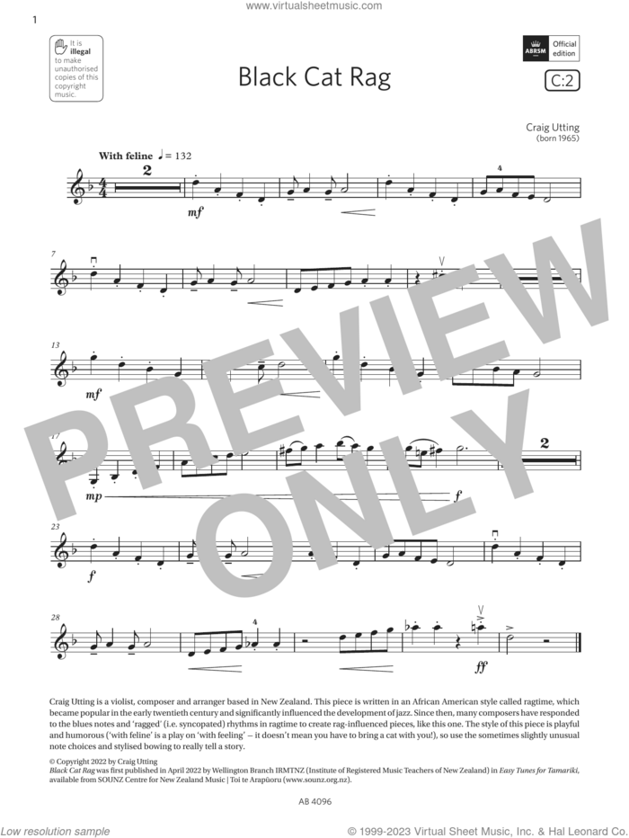 Black Cat Rag (Grade 2, C2, from the ABRSM Violin Syllabus from 2024) sheet music for violin solo by Craig Utting, classical score, intermediate skill level