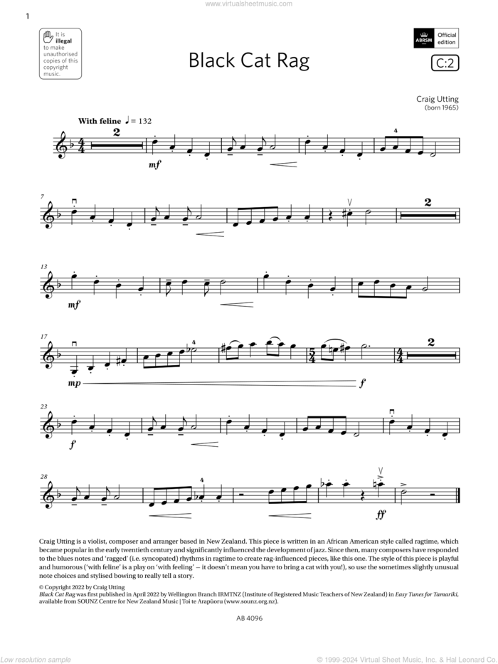 Black Cat Rag (Grade 2, C2, from the ABRSM Violin Syllabus from 2024) sheet music for violin solo by Craig Utting, classical score, intermediate skill level