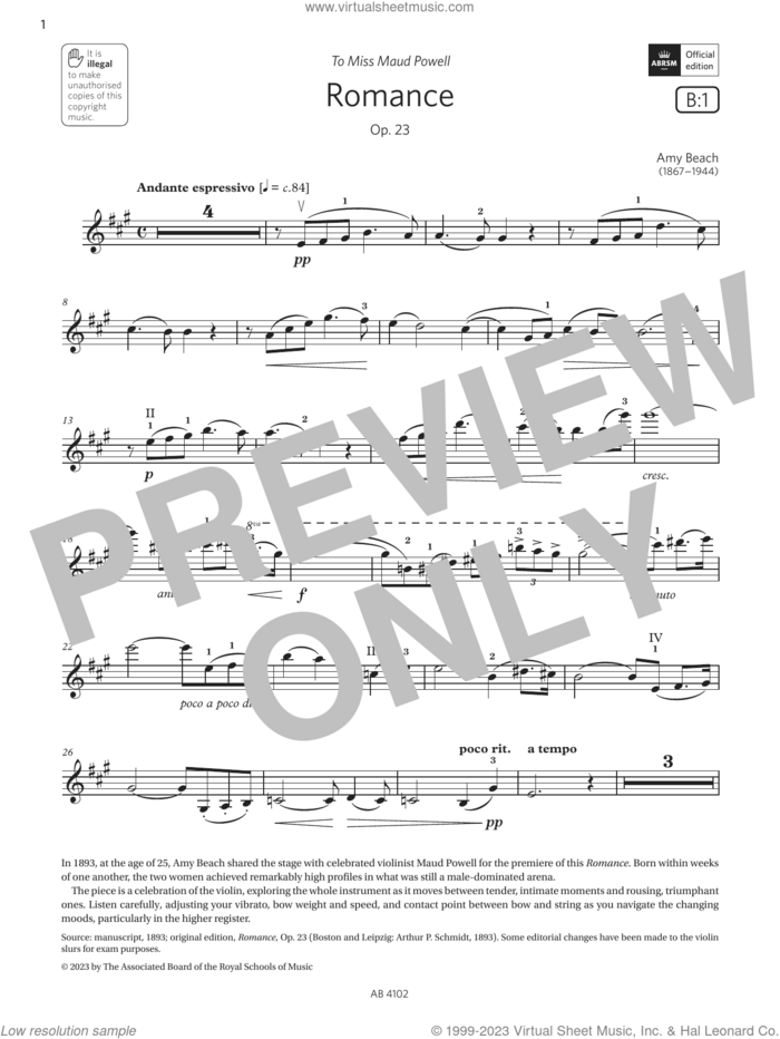 Romance (Grade 8, B1, from the ABRSM Violin Syllabus from 2024) sheet music for violin solo by Amy Beach, classical score, intermediate skill level