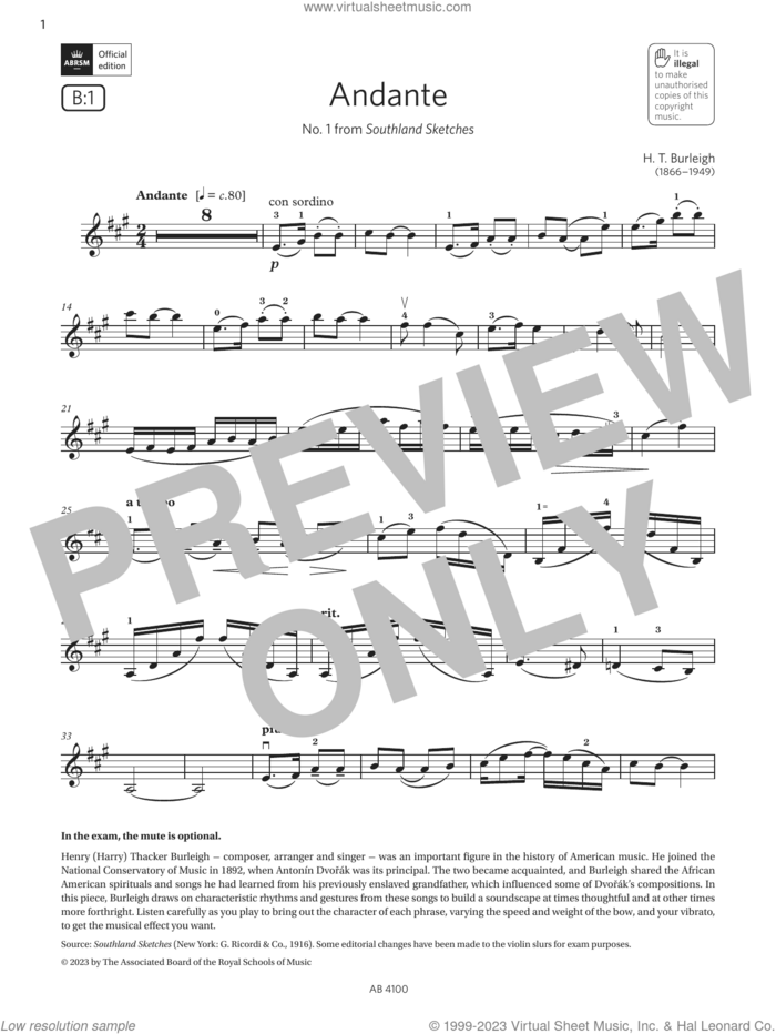 Andante (Grade 6, B1, from the ABRSM Violin Syllabus from 2024) sheet music for violin solo by H. T. Burleigh, classical score, intermediate skill level