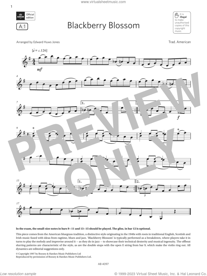 Blackberry Blossom (Grade 3, A1, from the ABRSM Violin Syllabus from 2024) sheet music for violin solo by Trad. American and Edward Huws Jones, classical score, intermediate skill level