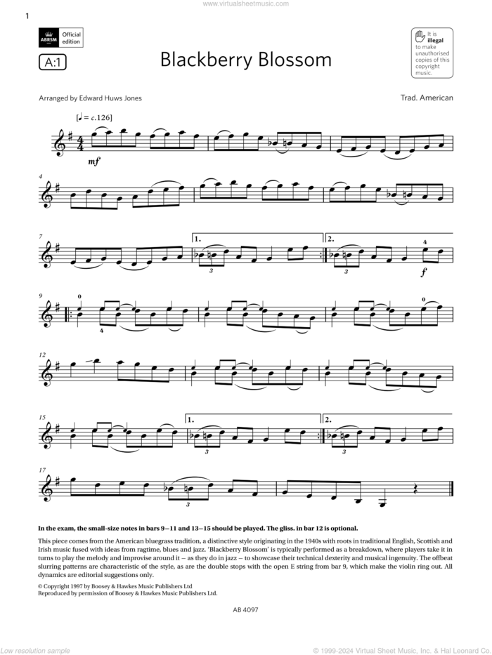 Blackberry Blossom (Grade 3, A1, from the ABRSM Violin Syllabus from 2024) sheet music for violin solo by Trad. American and Edward Huws Jones, classical score, intermediate skill level