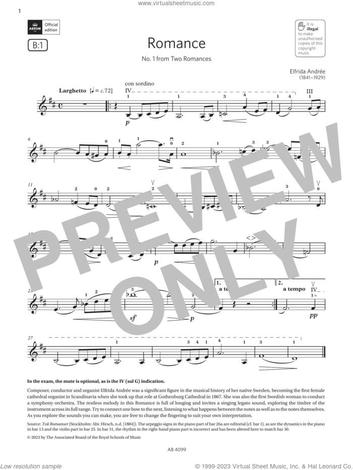 Romance (Grade 5, B1, from the ABRSM Violin Syllabus from 2024) sheet music for violin solo by Elfrida Andrée, classical score, intermediate skill level