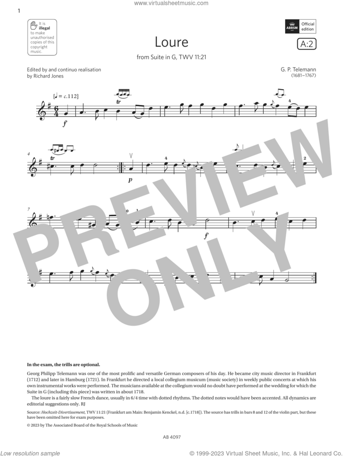 Loure (Grade 3, A2, from the ABRSM Violin Syllabus from 2024) sheet music for violin solo by G. P. Telemann, classical score, intermediate skill level