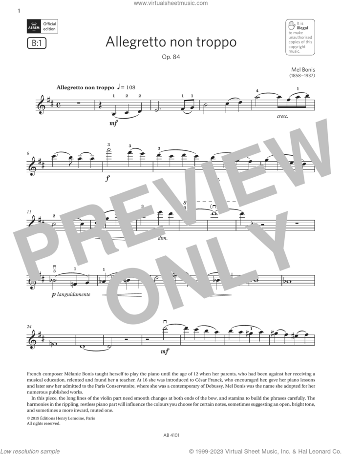 Allegretto non troppo (Grade 7, B1, from the ABRSM Violin Syllabus from 2024) sheet music for violin solo by Melanie Bonis, classical score, intermediate skill level