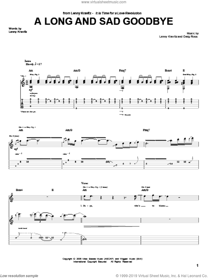 A Long And Sad Goodbye sheet music for guitar (tablature) by Lenny Kravitz and Craig Ross, intermediate skill level