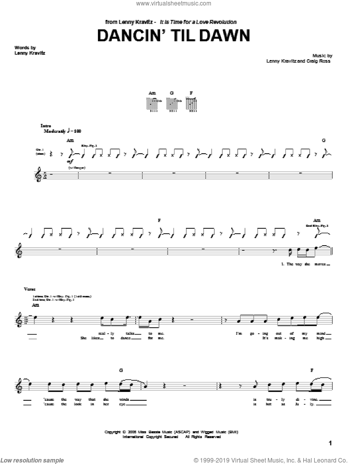 Dancin' Til Dawn sheet music for guitar (tablature) by Lenny Kravitz and Craig Ross, intermediate skill level