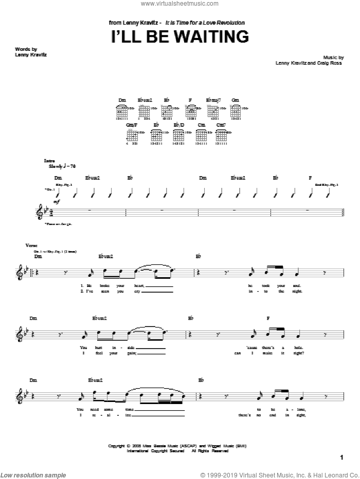 I'll Be Waiting sheet music for guitar (tablature) by Lenny Kravitz and Craig Ross, intermediate skill level