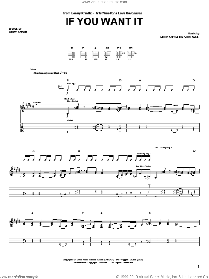 If You Want It sheet music for guitar (tablature) by Lenny Kravitz and Craig Ross, intermediate skill level