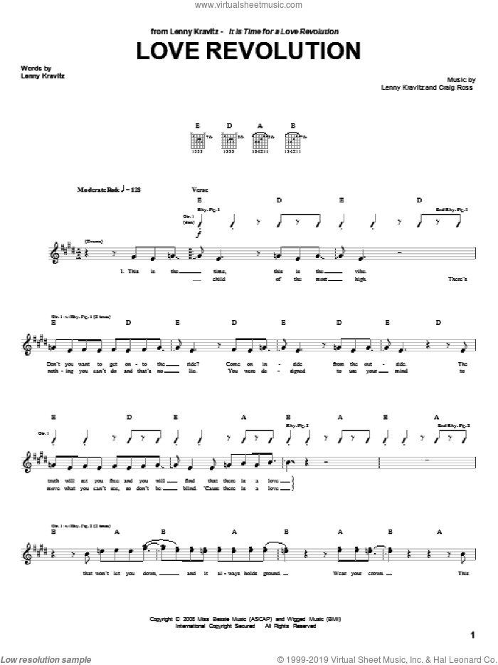 Love Revolution sheet music for guitar (tablature) by Lenny Kravitz and Craig Ross, intermediate skill level