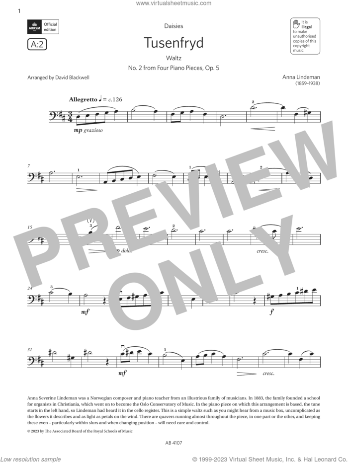Tusenfryd (Grade 4, A2, from the ABRSM Cello Syllabus from 2024) sheet music for cello solo by Anna Lindeman and David Blackwell, classical score, intermediate skill level