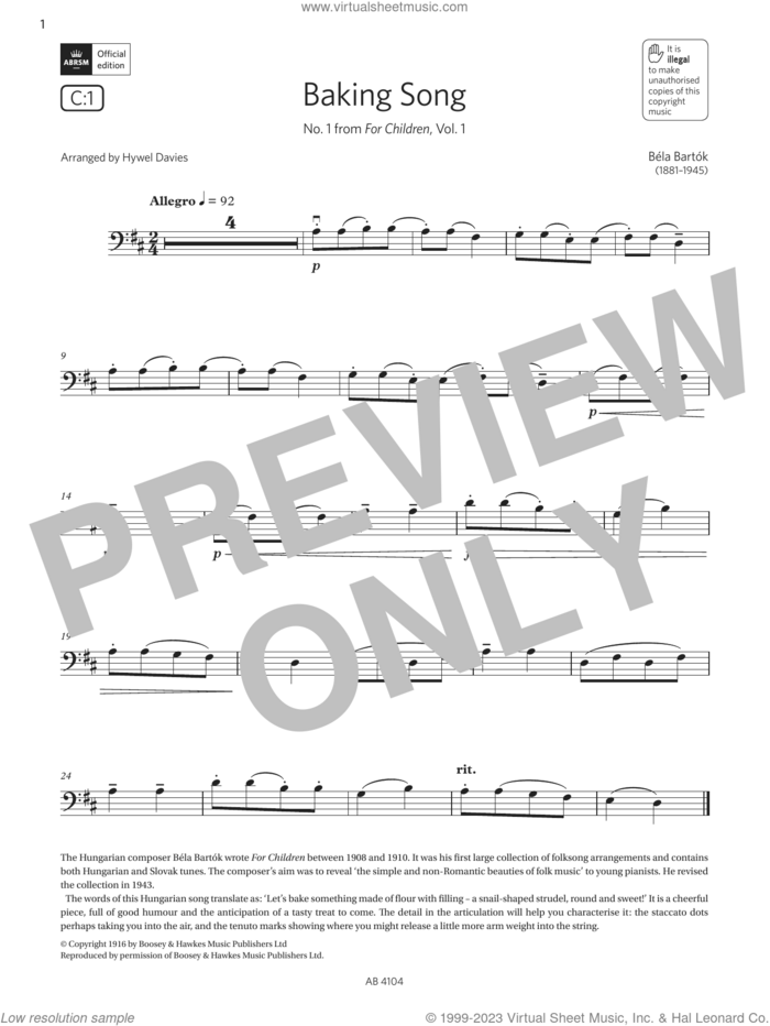 Baking Song (Grade 1, C1, from the ABRSM Cello Syllabus from 2024) sheet music for cello solo by Bela Bartók and Hywel Davies, classical score, intermediate skill level