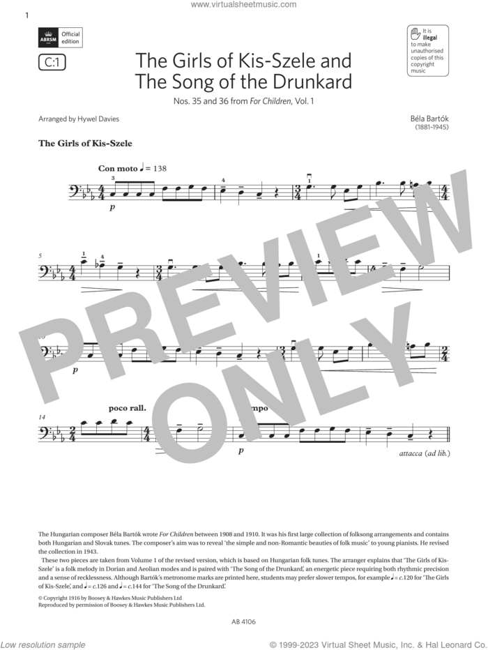 The Girls of Kis-Szele and The Song of the Drunkard (Grade 3, C1 from the ABRSM Cello Syllabus 2024) sheet music for cello solo by Béla Bartók and Hywel Davies, classical score, intermediate skill level