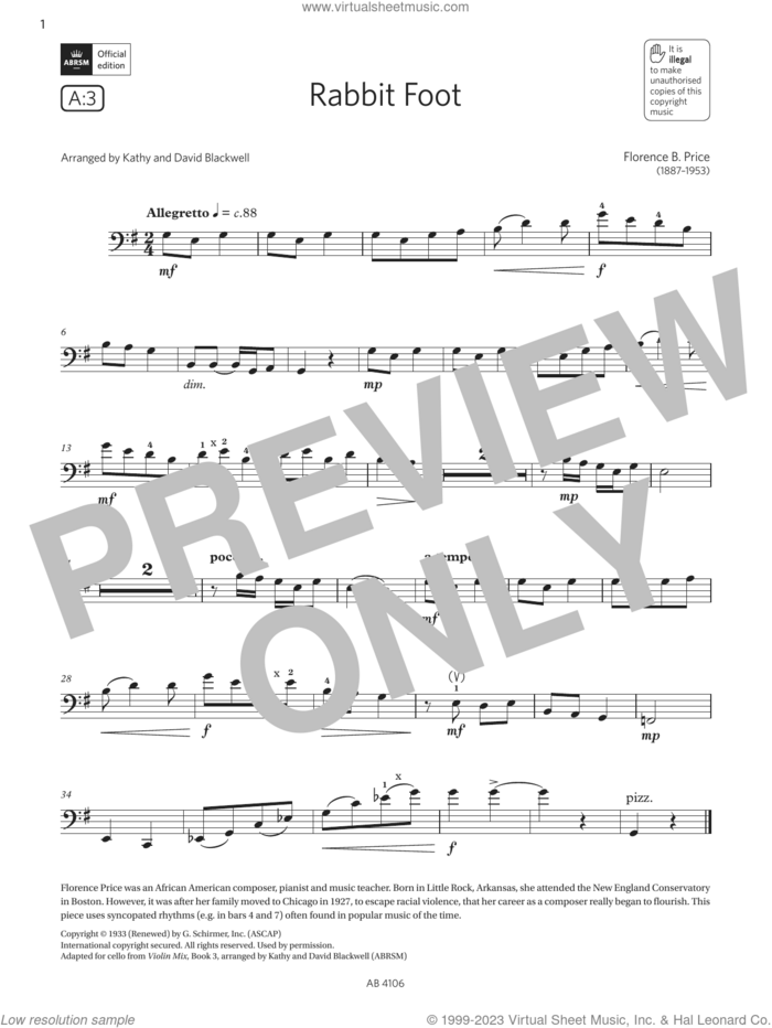 Rabbit Foot (Grade 3, A3, from the ABRSM Cello Syllabus from 2024) sheet music for cello solo by Florence Price, David Blackwell and Kathy Blackwell, classical score, intermediate skill level