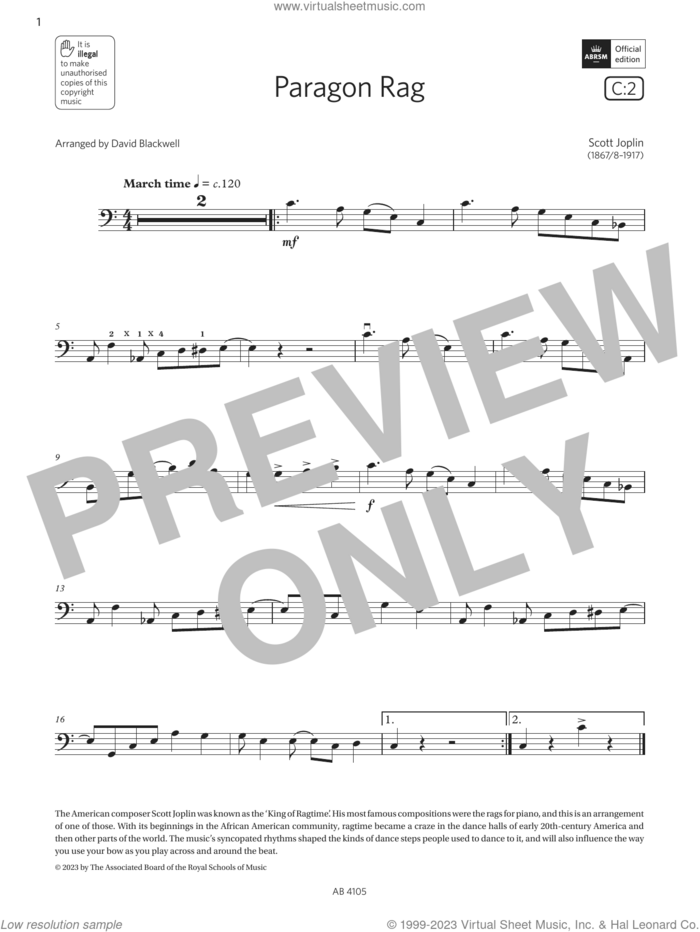 Paragon Rag (Grade 2, C2, from the ABRSM Cello Syllabus from 2024) sheet music for cello solo by Scott Joplin, classical score, intermediate skill level