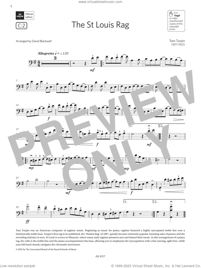 The St Louis Rag (Grade 4, C2, from the ABRSM Cello Syllabus from 2024) sheet music for cello solo by Tom Turpin, classical score, intermediate skill level