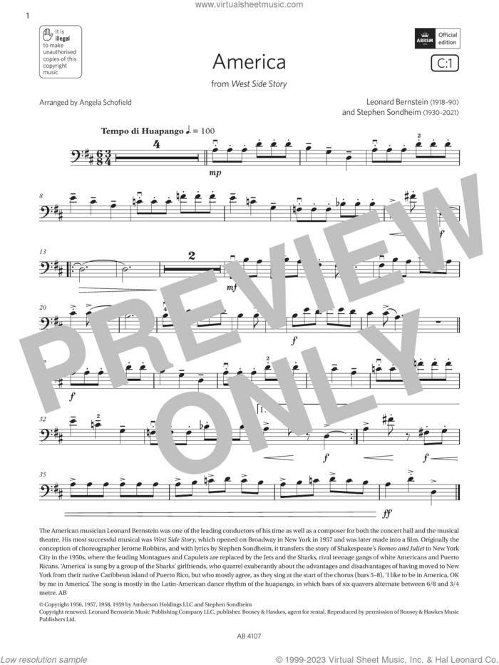 America (Grade 4, C1, from the ABRSM Cello Syllabus from 2024) sheet music for cello solo by Stephen Sondheim, Angela Schofield and Leonard Bernstein, classical score, intermediate skill level