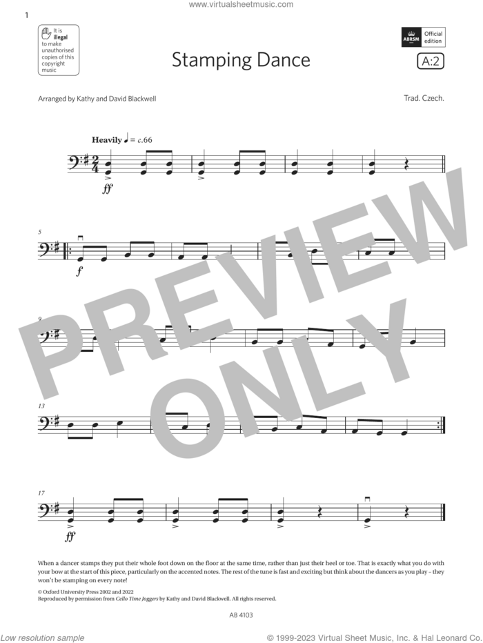 Stamping Dance (Grade Initial, A2, from the ABRSM Cello Syllabus from 2024) sheet music for cello solo by Trad. Czech, David Blackwell and Kathy Blackwell, classical score, intermediate skill level