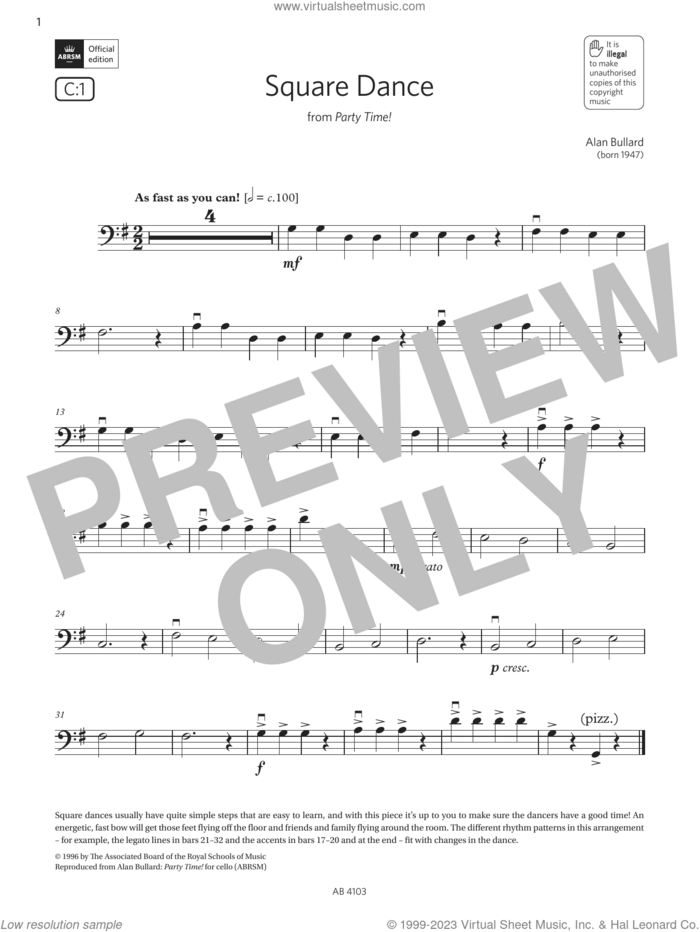 Square Dance (Grade Initial, C1, from the ABRSM Cello Syllabus from 2024) sheet music for cello solo by Alan Bullard, classical score, intermediate skill level