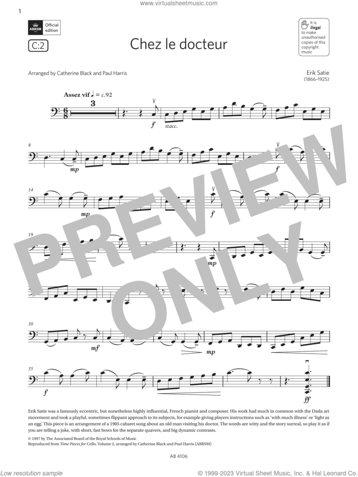 Chez le docteur (Grade 3, C2, from the ABRSM Cello Syllabus from 2024) sheet music for cello solo by Erik Satie, Catherine Black and Paul Harris, classical score, intermediate skill level