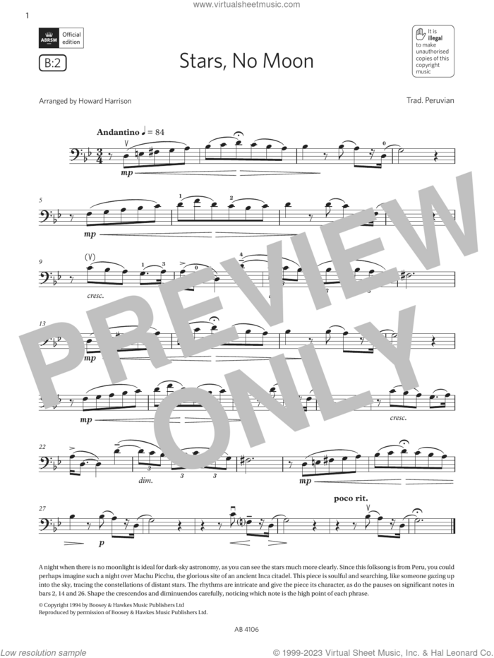 Stars, No Moon (Grade 3, B2, from the ABRSM Cello Syllabus from 2024) sheet music for cello solo by Trad. Peruvian and Howard Harrison, classical score, intermediate skill level