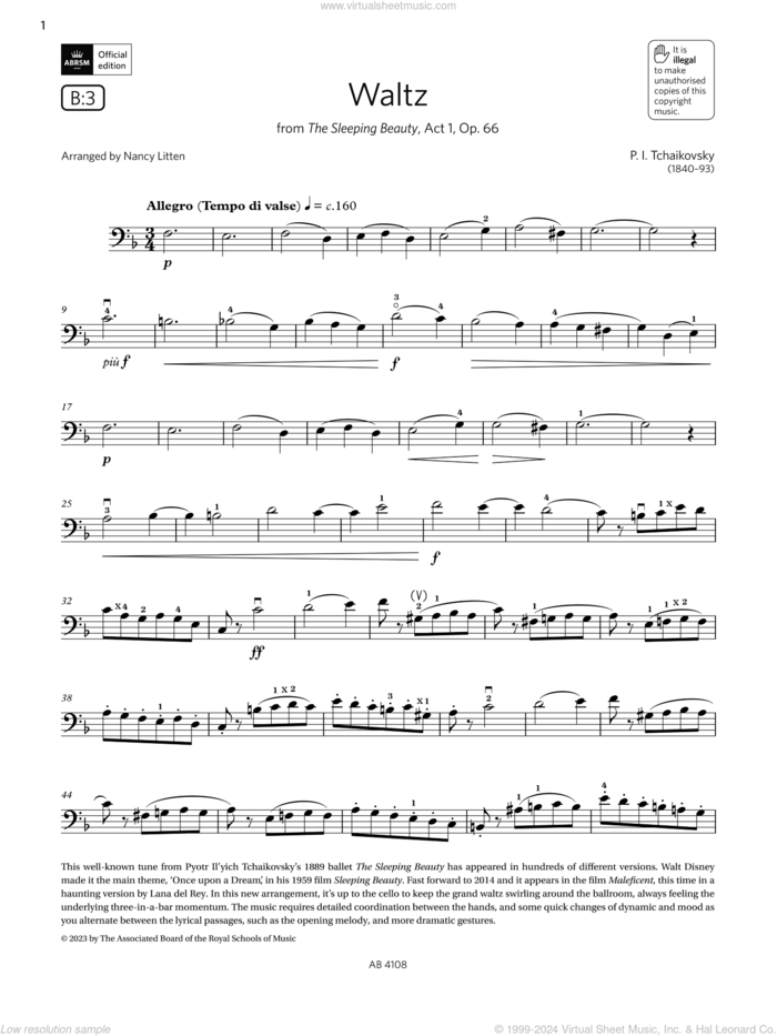 Waltz (Grade 5, B3, from the ABRSM Cello Syllabus from 2024) sheet music for cello solo by Pyotr Ilyich Tchaikovsky and Nancy Litten, classical score, intermediate skill level