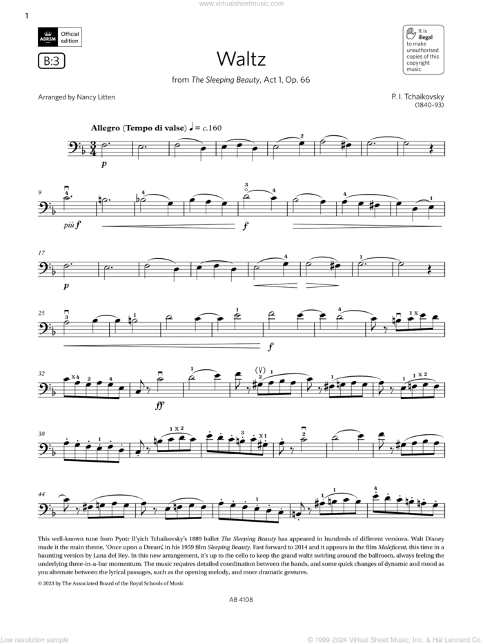 Waltz (Grade 5, B3, from the ABRSM Cello Syllabus from 2024) sheet music for cello solo by Pyotr Ilyich Tchaikovsky and Nancy Litten, classical score, intermediate skill level