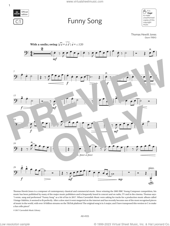 Funny Song (Grade 2, C1, from the ABRSM Cello Syllabus from 2024) sheet music for cello solo by Thomas Hewitt Jones, classical score, intermediate skill level