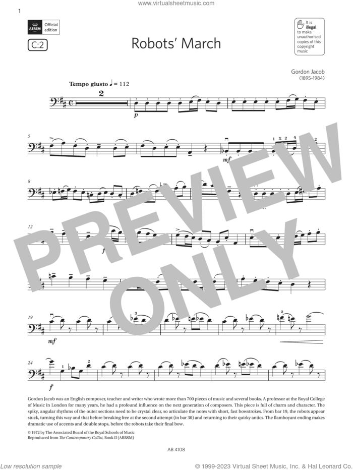 Robots' March (Grade 5, C2, from the ABRSM Cello Syllabus from 2024) sheet music for cello solo by Gordon Jacob, classical score, intermediate skill level