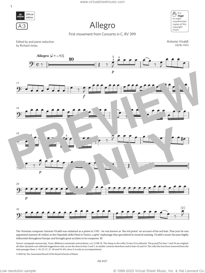 Allegro (Grade 4, A3, from the ABRSM Cello Syllabus from 2024) sheet music for cello solo by Antonio Vivaldi, classical score, intermediate skill level