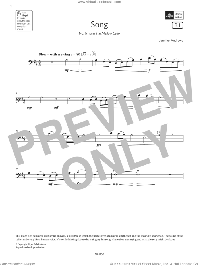 Song (Grade 1, B1, from the ABRSM Cello Syllabus from 2024) sheet music for cello solo by Jennifer Andrews, classical score, intermediate skill level