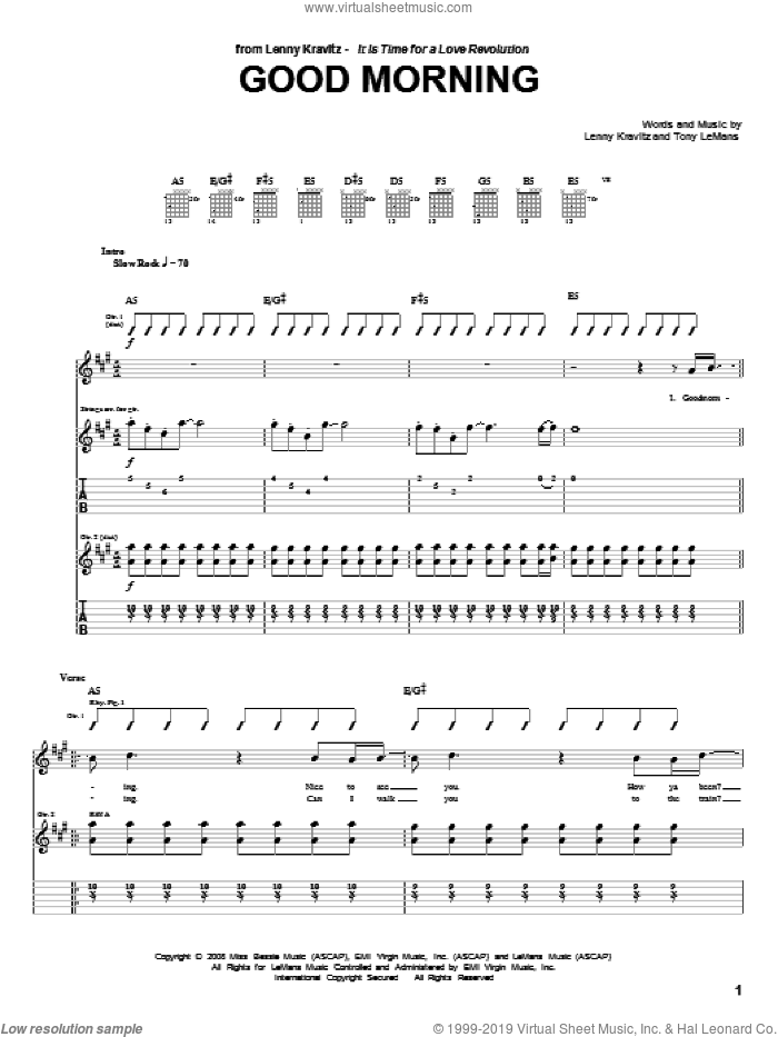 Good Morning sheet music for guitar (tablature) by Lenny Kravitz and Tony LeMans, intermediate skill level