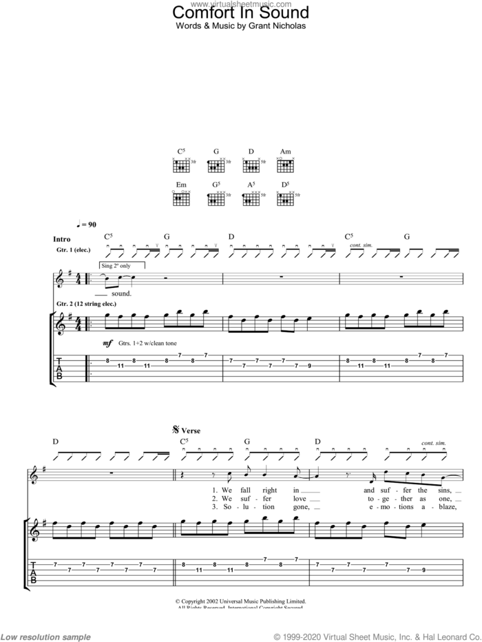 Comfort In Sound sheet music for guitar (tablature) by Feeder, intermediate skill level