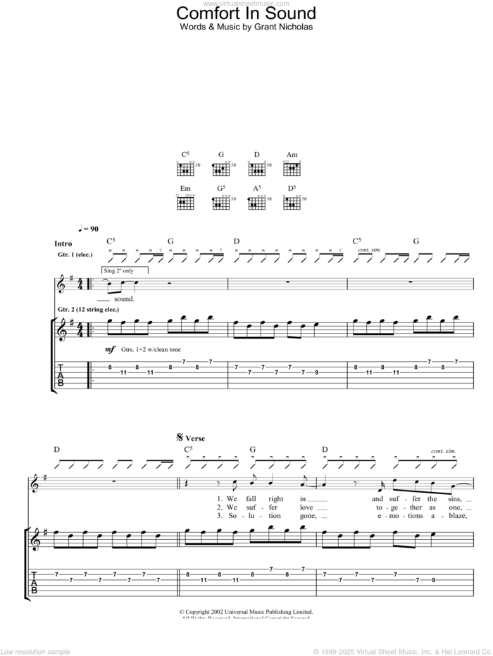 Comfort In Sound sheet music for guitar (tablature) by Feeder, intermediate skill level