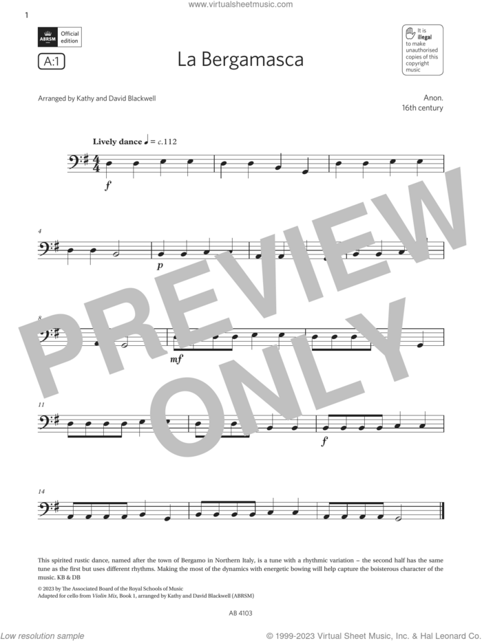 La Bergamasca (Grade Initial, A1, from the ABRSM Cello Syllabus from 2024) sheet music for cello solo by Anon. 16th century, David Blackwell and Kathy Blackwell, classical score, intermediate skill level