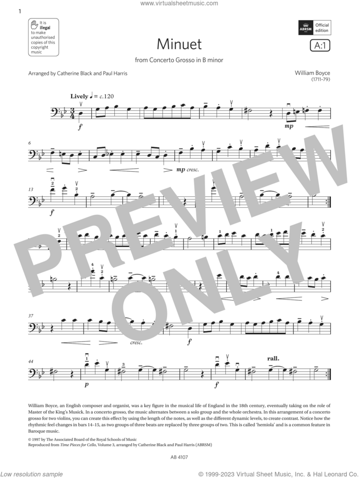 Minuet (Grade 4, A1, from the ABRSM Cello Syllabus from 2024) sheet music for cello solo by William Boyce, Catherine Black and Paul Harris, classical score, intermediate skill level