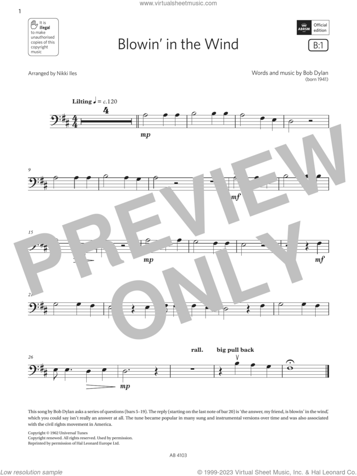 Blowin' in the wind (Grade Initial, B1, from the ABRSM Cello Syllabus from 2024) sheet music for cello solo by Bob Dylan and Nikki Iles, classical score, intermediate skill level