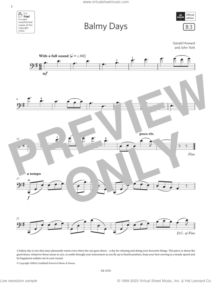 Balmy Days (Grade 2, B3, from the ABRSM Cello Syllabus from 2024) sheet music for cello solo by Gerald Howard & John York, classical score, intermediate skill level