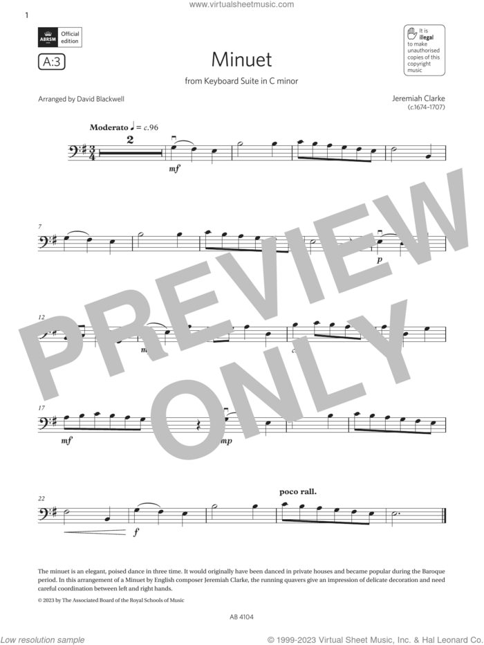 Minuet (Grade 1, A3, from the ABRSM Cello Syllabus from 2024) sheet music for cello solo by Jeremiah Clarke and David Blackwell, classical score, intermediate skill level