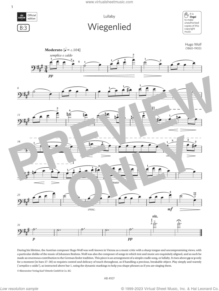 Wiegenlied (Grade 4, B3, from the ABRSM Cello Syllabus from 2024) sheet music for cello solo by Hugo Wolf, classical score, intermediate skill level