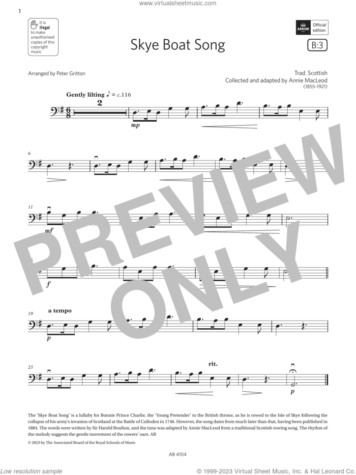Skye Boat Song (Grade 1, B3, from the ABRSM Cello Syllabus from 2024) sheet music for cello solo by Trad. Scottish and Peter Gritton, classical score, intermediate skill level