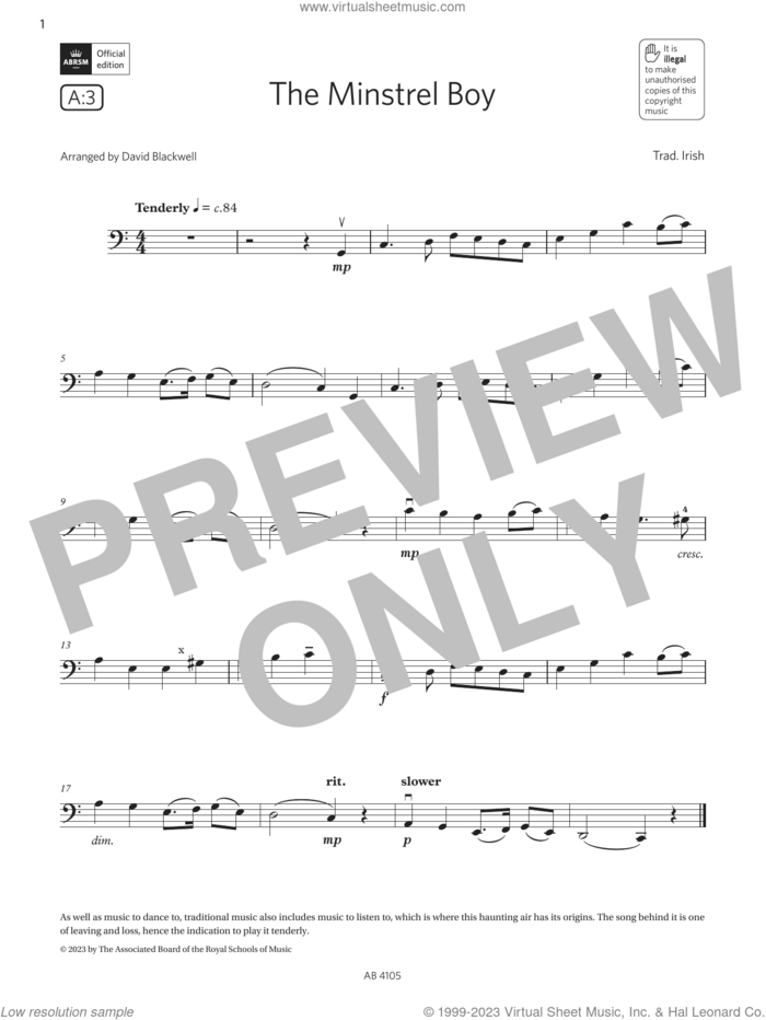 The Minstrel Boy (Grade 2, A3, from the ABRSM Cello Syllabus from 2024) sheet music for cello solo by Trad. Irish and David Blackwell, classical score, intermediate skill level