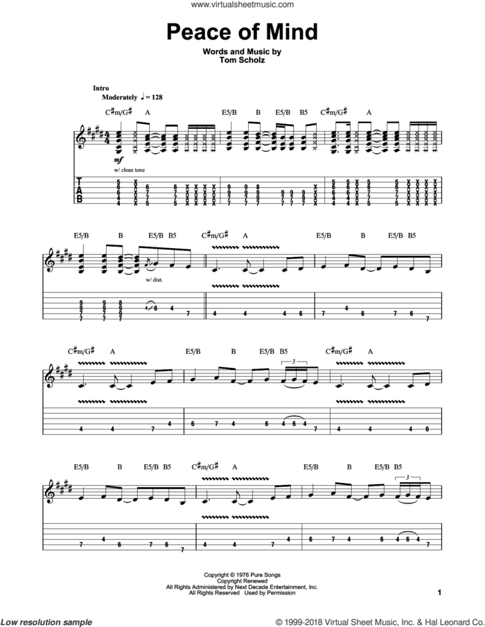 Peace Of Mind sheet music for guitar (tablature, play-along) by Boston and Tom Scholz, intermediate skill level