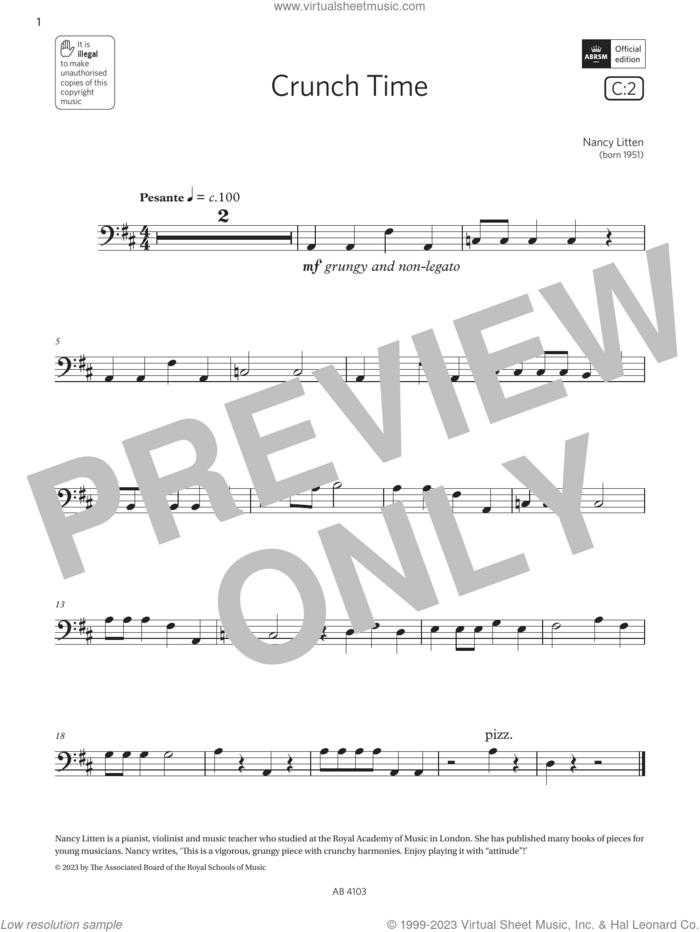Crunch Time (Grade Initial, C2, from the ABRSM Cello Syllabus from 2024) sheet music for cello solo by Nancy Litten, classical score, intermediate skill level