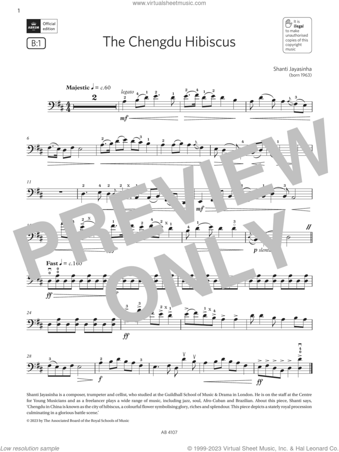 The Chengdu Hibiscus (Grade 4, B1, from the ABRSM Cello Syllabus from 2024) sheet music for cello solo by Shanti Jayasinha, classical score, intermediate skill level