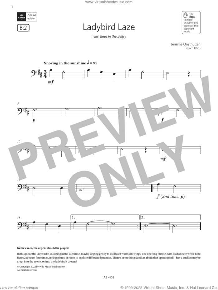 Ladybird Laze (Grade Initial, B2, from the ABRSM Cello Syllabus from 2024) sheet music for cello solo by Jemima Oosthuizen, classical score, intermediate skill level
