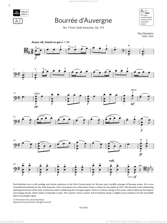 Bouree d'Auvergne (Grade 5, A1, from the ABRSM Cello Syllabus from 2024) sheet music for cello solo by Paul Bazelaire, classical score, intermediate skill level