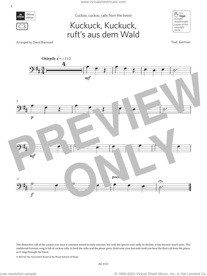 Kuckuck, Kuckuck, ruft's aus dem Wald  (Grade Initial, C3, from the ABRSM Cello Syllabus from 2024) sheet music for cello solo by Trad. German and David Blackwell, classical score, intermediate skill level