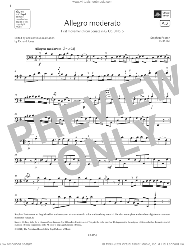 Allegro moderato (Grade 3, A2, from the ABRSM Cello Syllabus from 2024) sheet music for cello solo by Stephen Paxton, classical score, intermediate skill level