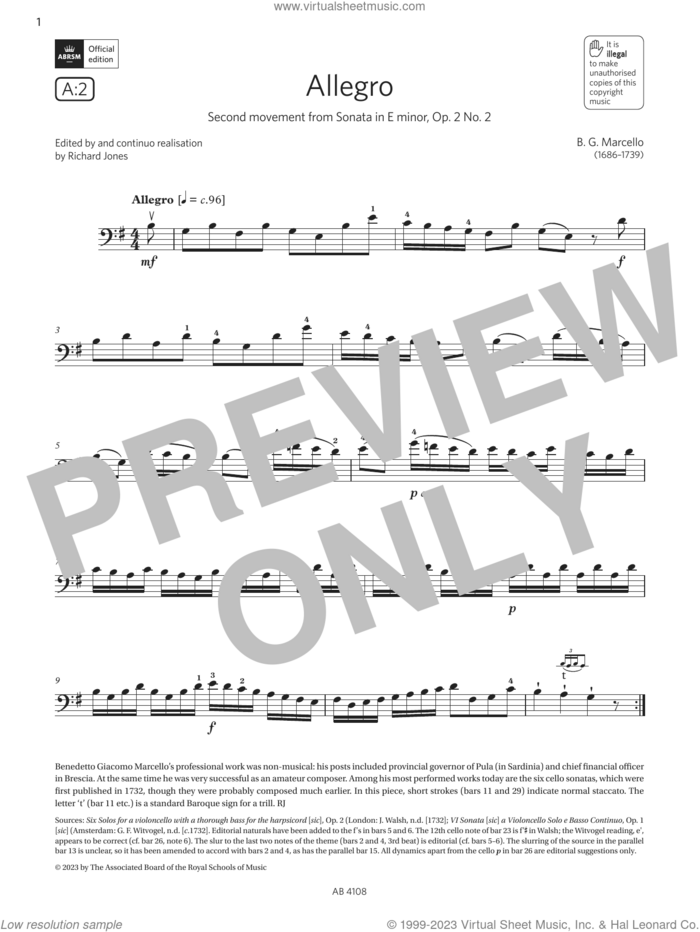 Allegro (Grade 5, A2, from the ABRSM Cello Syllabus from 2024) sheet music for cello solo by B. G. Marcello, classical score, intermediate skill level